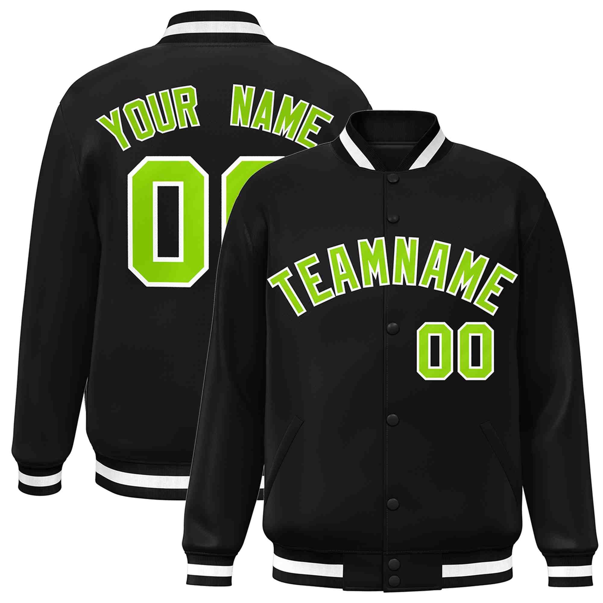 Custom Black Neon Green-White Classic Style Varsity Full-Snap Letterman Jacket