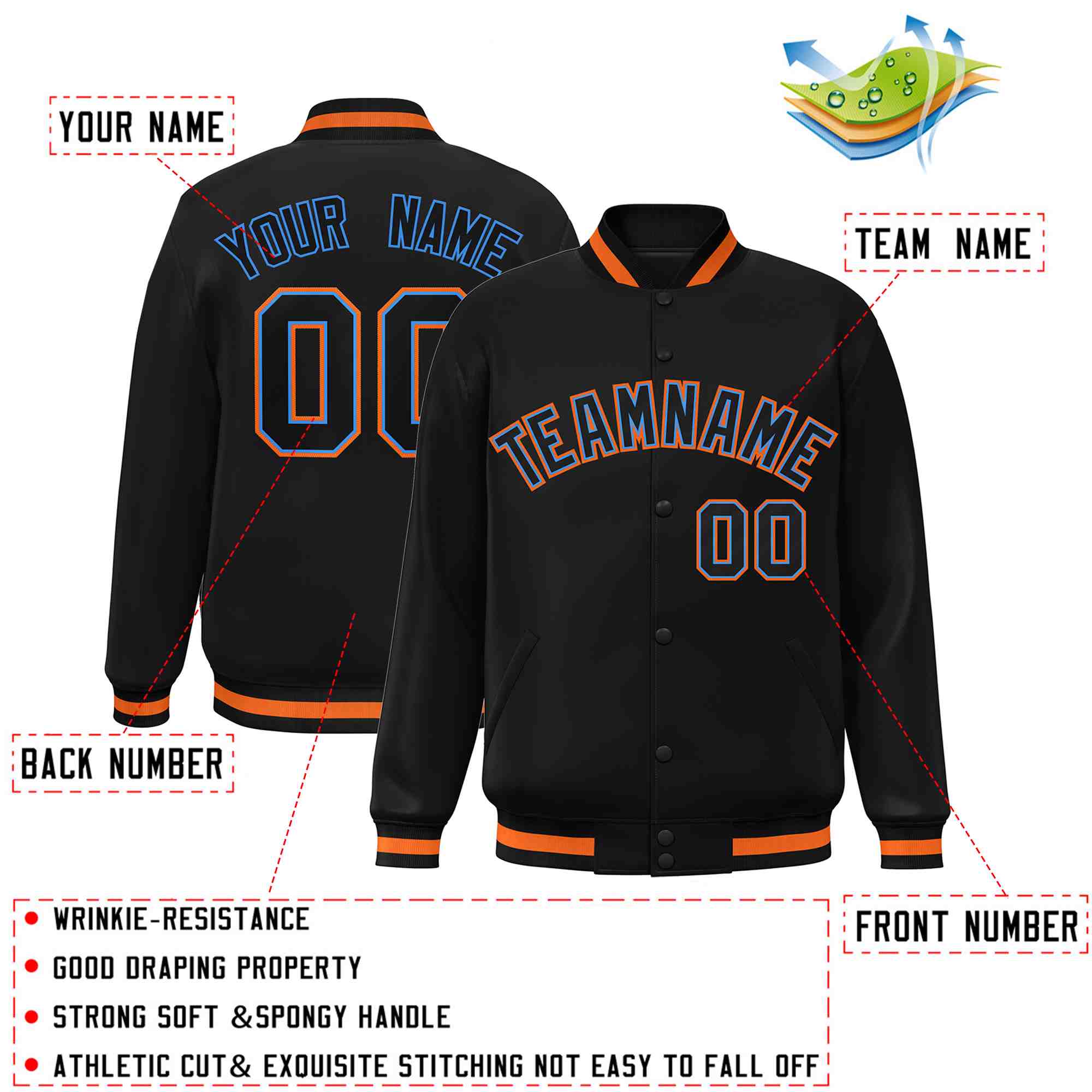 Custom Black Black-Powder Blue Classic Style Varsity Full-Snap Letterman Jacket