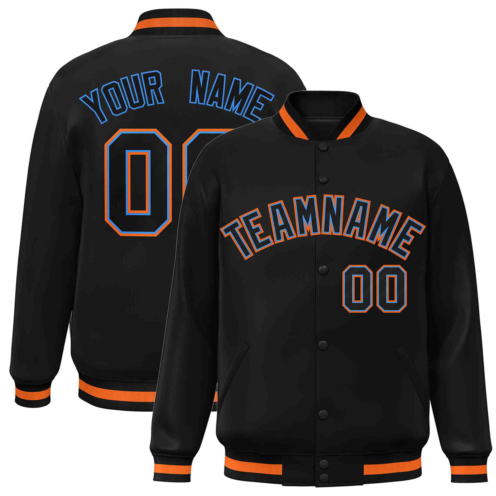 Custom Black Black-Powder Blue Classic Style Varsity Full-Snap Letterman Jacket