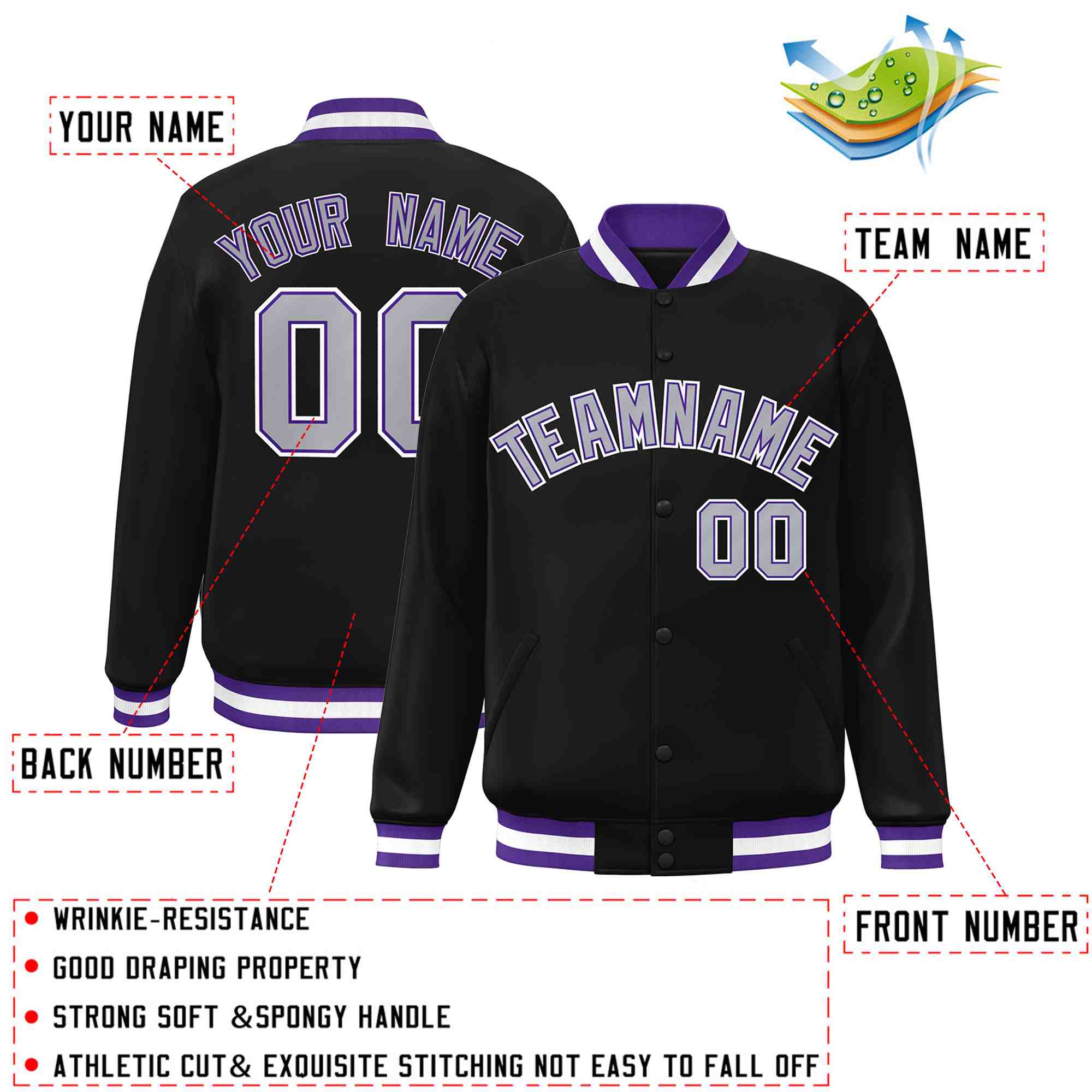 Custom Black Gray-Purple Classic Style Varsity Full-Snap Letterman Jacket