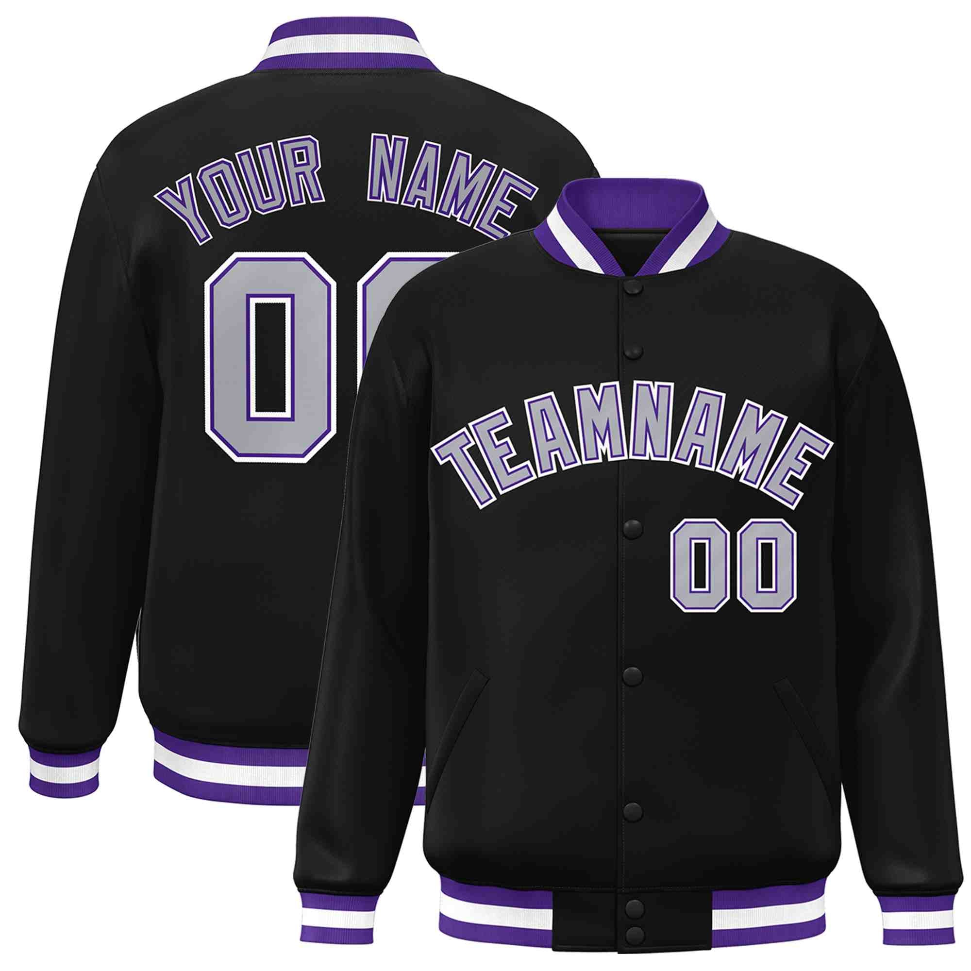 Custom Black Gray-Purple Classic Style Varsity Full-Snap Letterman Jacket