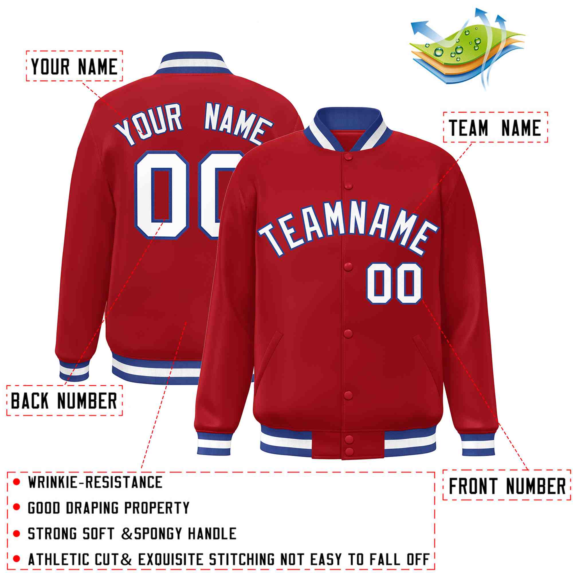 Custom Red White-Royal Classic Style Varsity Full-Snap Letterman Jacket