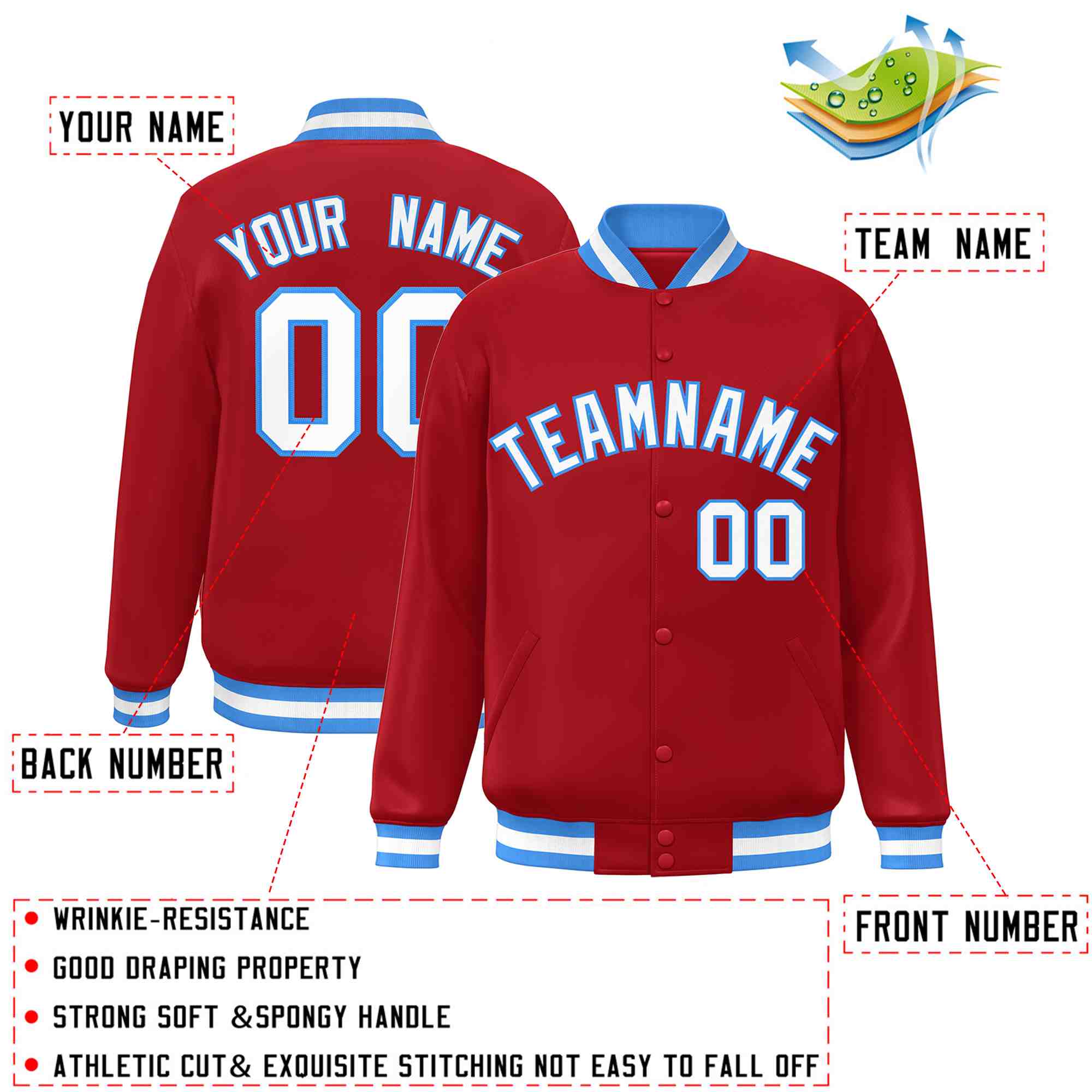 Custom Red White-Powder Blue Classic Style Varsity Full-Snap Letterman Jacket