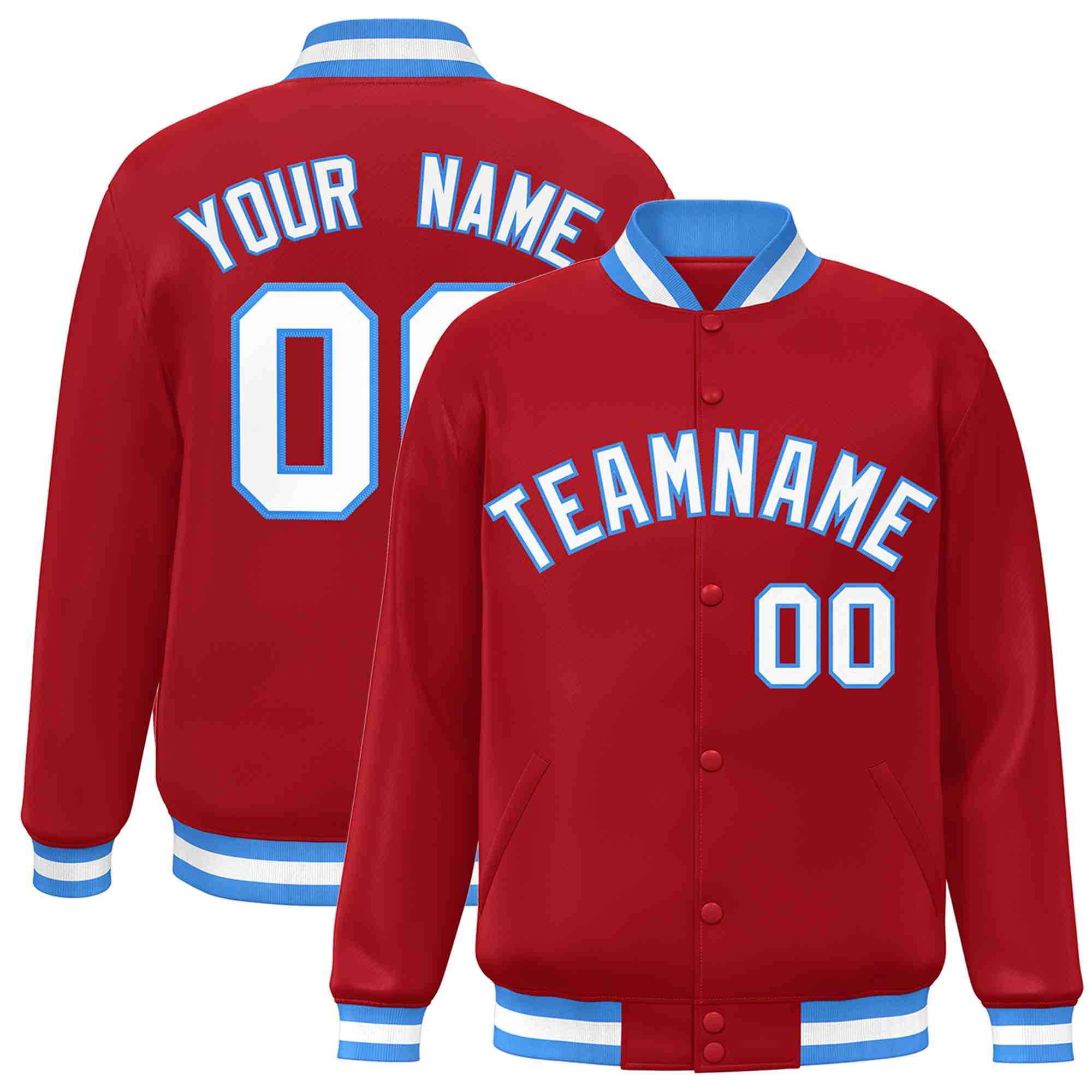 Custom Red White-Powder Blue Classic Style Varsity Full-Snap Letterman Jacket