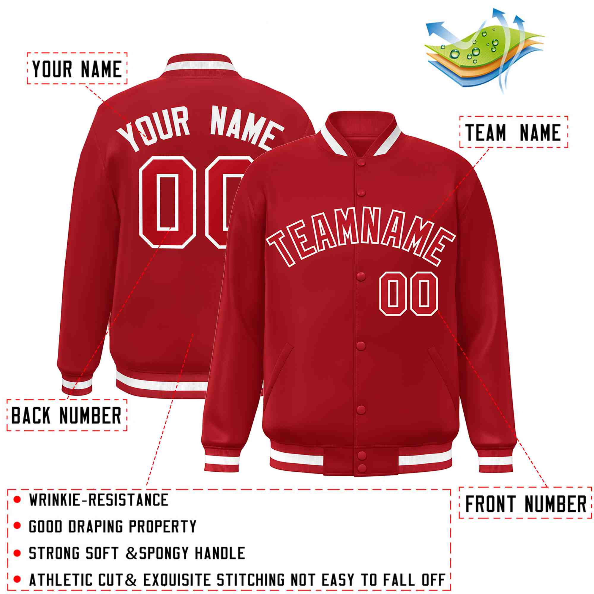 Custom Red Red-White Classic Style Varsity Full-Snap Letterman Jacket