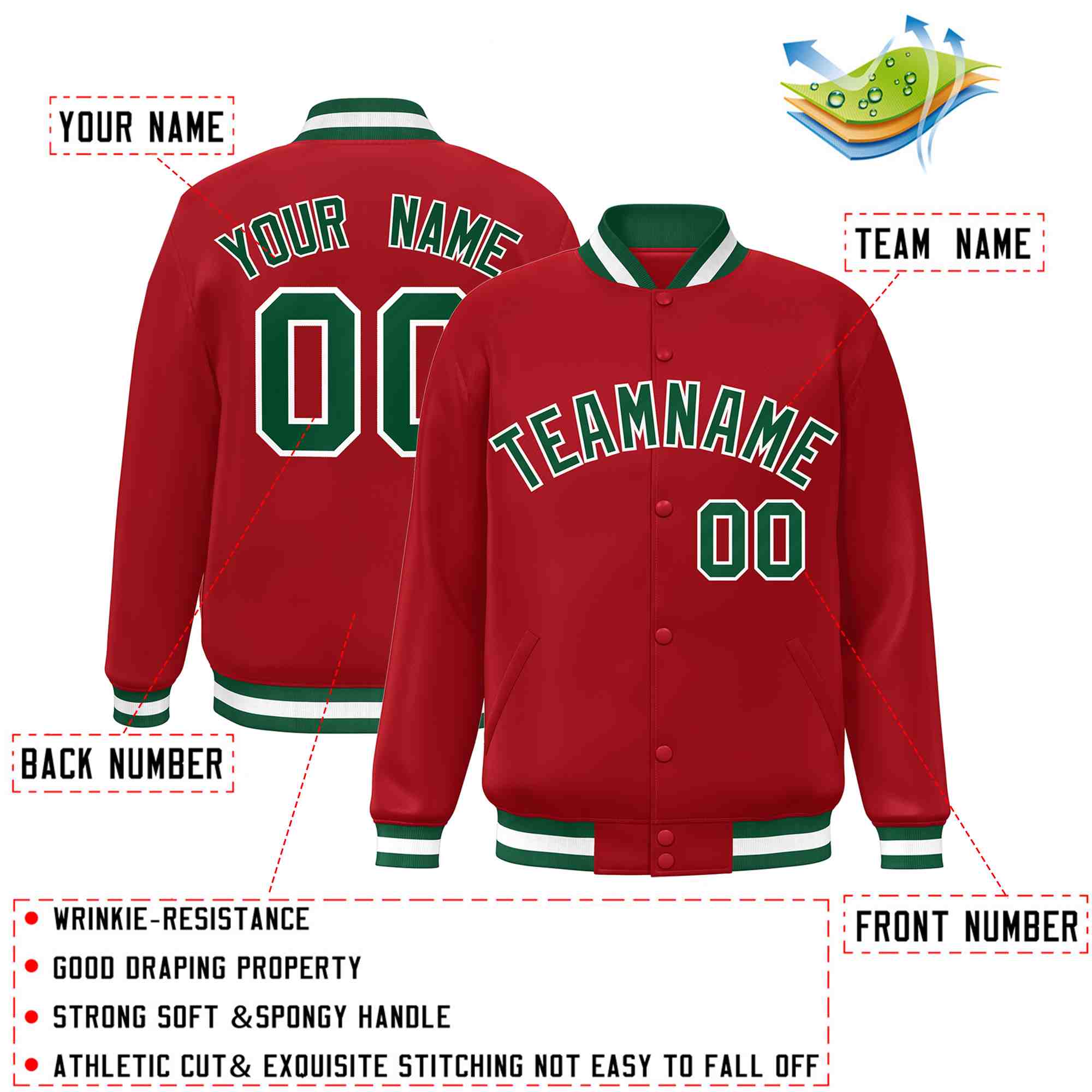 Custom Red Green-White Classic Style Varsity Full-Snap Letterman Jacket