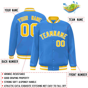 Custom Powder Blue Gold-White Classic Style Varsity Full-Snap Letterman Jacket