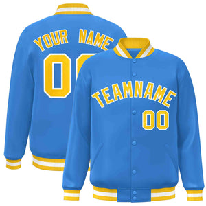 Custom Powder Blue Gold-White Classic Style Varsity Full-Snap Letterman Jacket