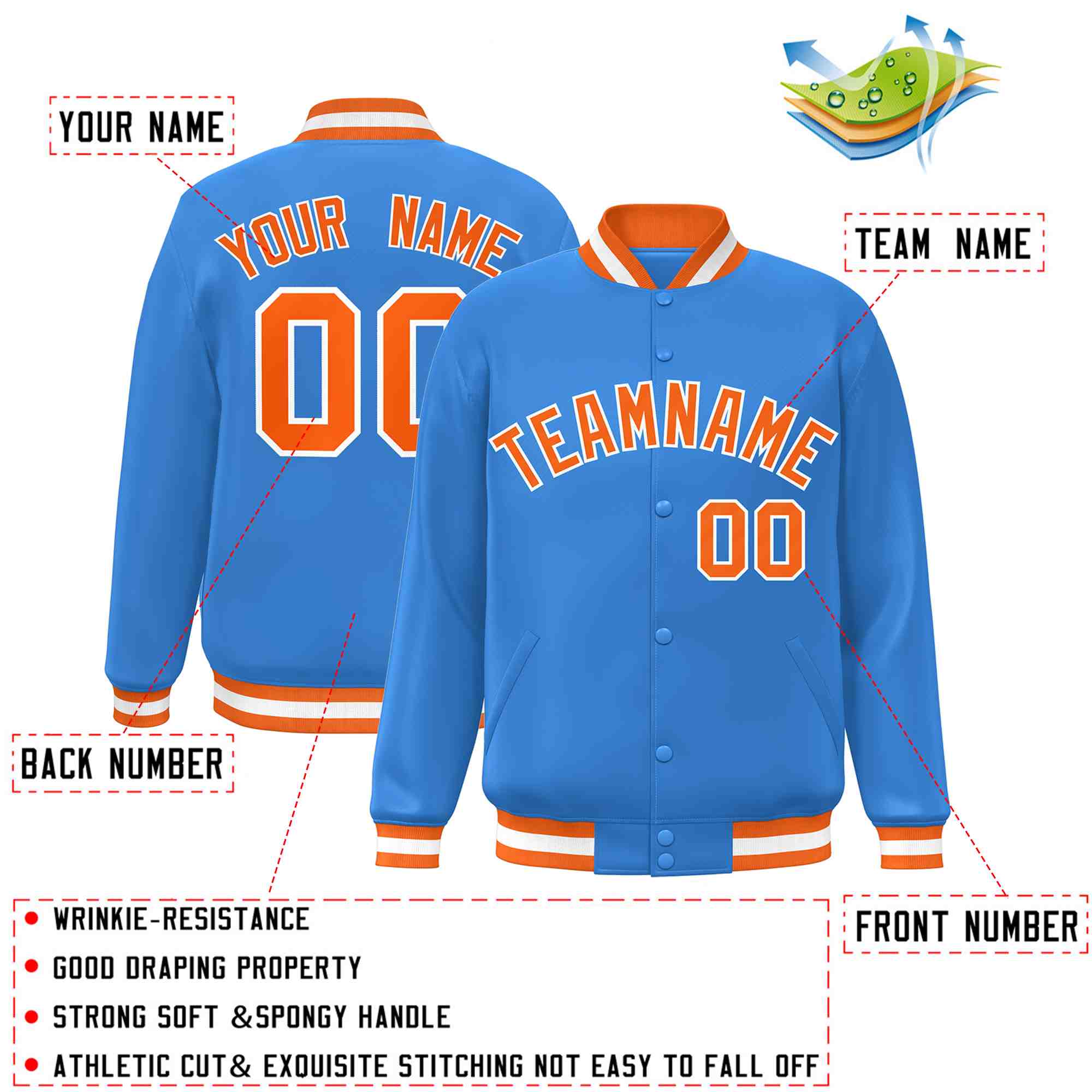 Custom Powder Blue Orange-White Classic Style Varsity Full-Snap Letterman Jacket