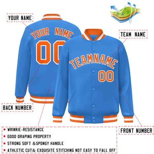 Custom Powder Blue Orange-White Classic Style Varsity Full-Snap Letterman Jacket