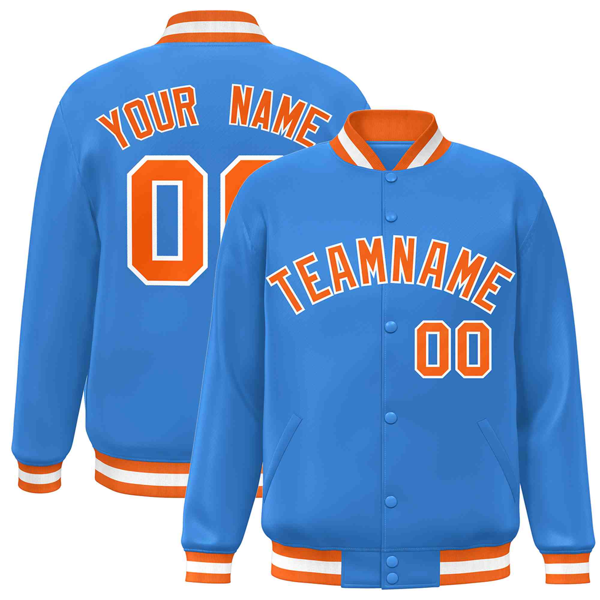 Custom Powder Blue Orange-White Classic Style Varsity Full-Snap Letterman Jacket