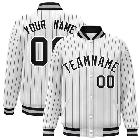 Custom White Black-White Personalized Stripe Fashion Letterman Bomber Varsity Jacket