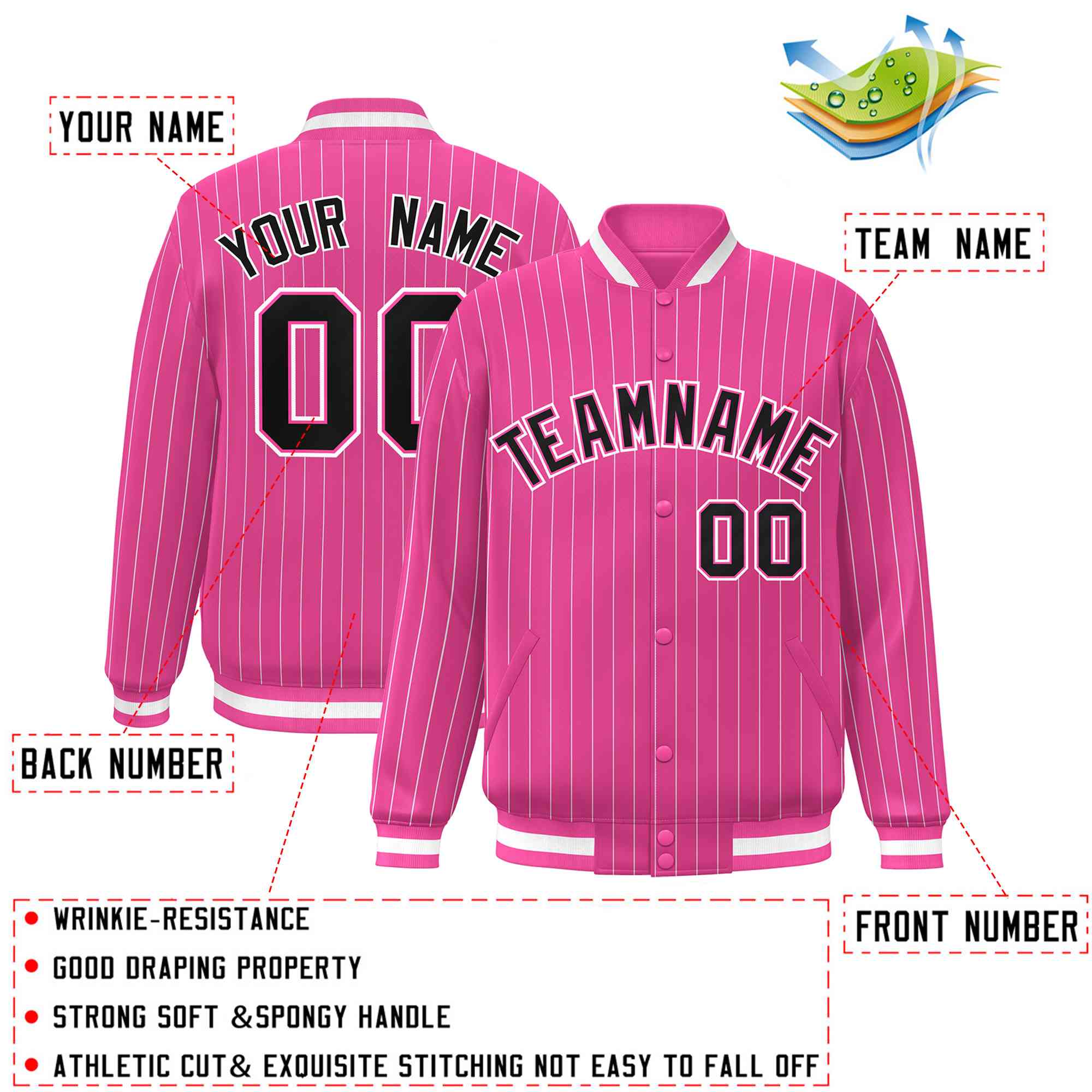 Custom Pink Black-White Personalized Stripe Fashion Letterman Bomber Varsity Jacket