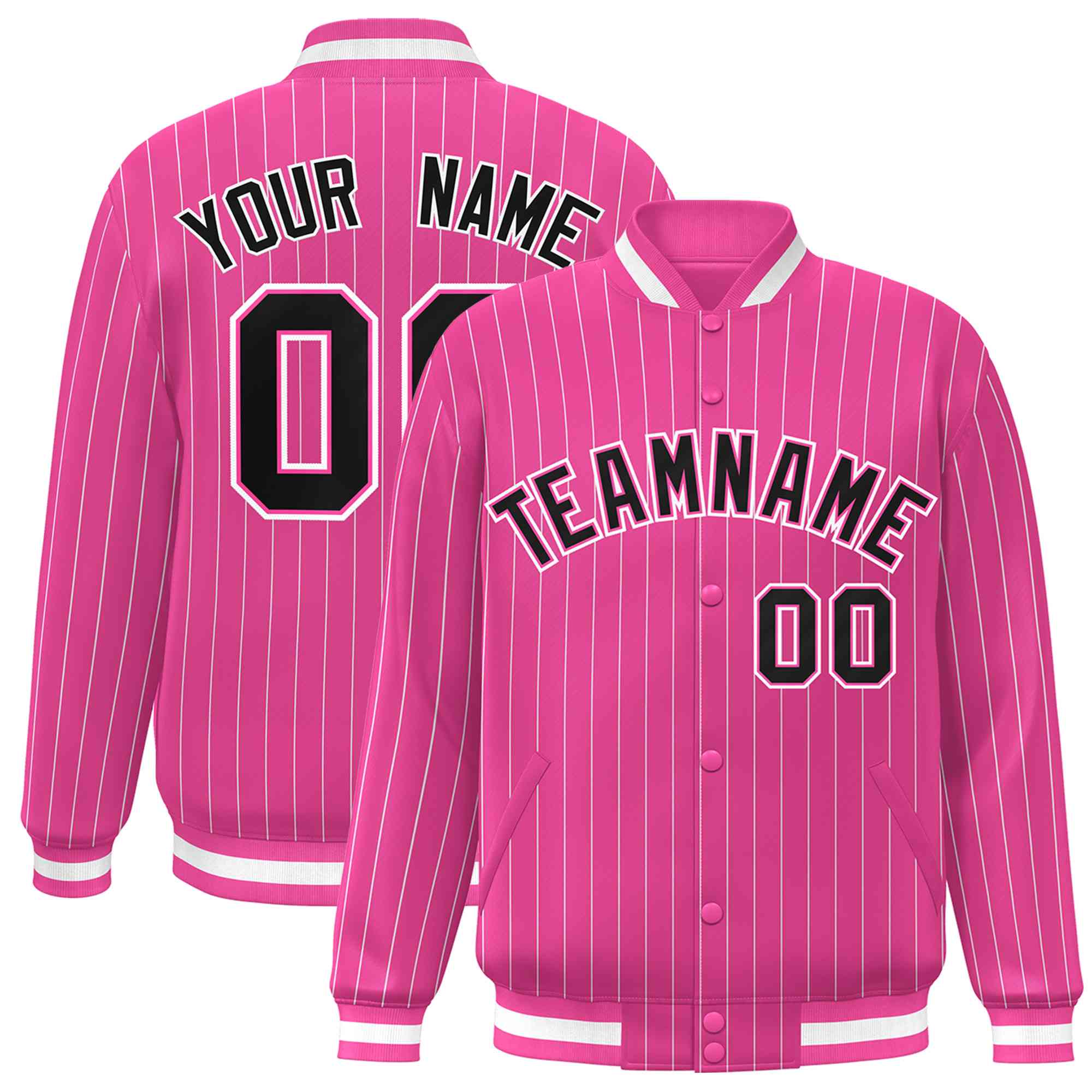 Custom Pink Black-White Personalized Stripe Fashion Letterman Bomber Varsity Jacket