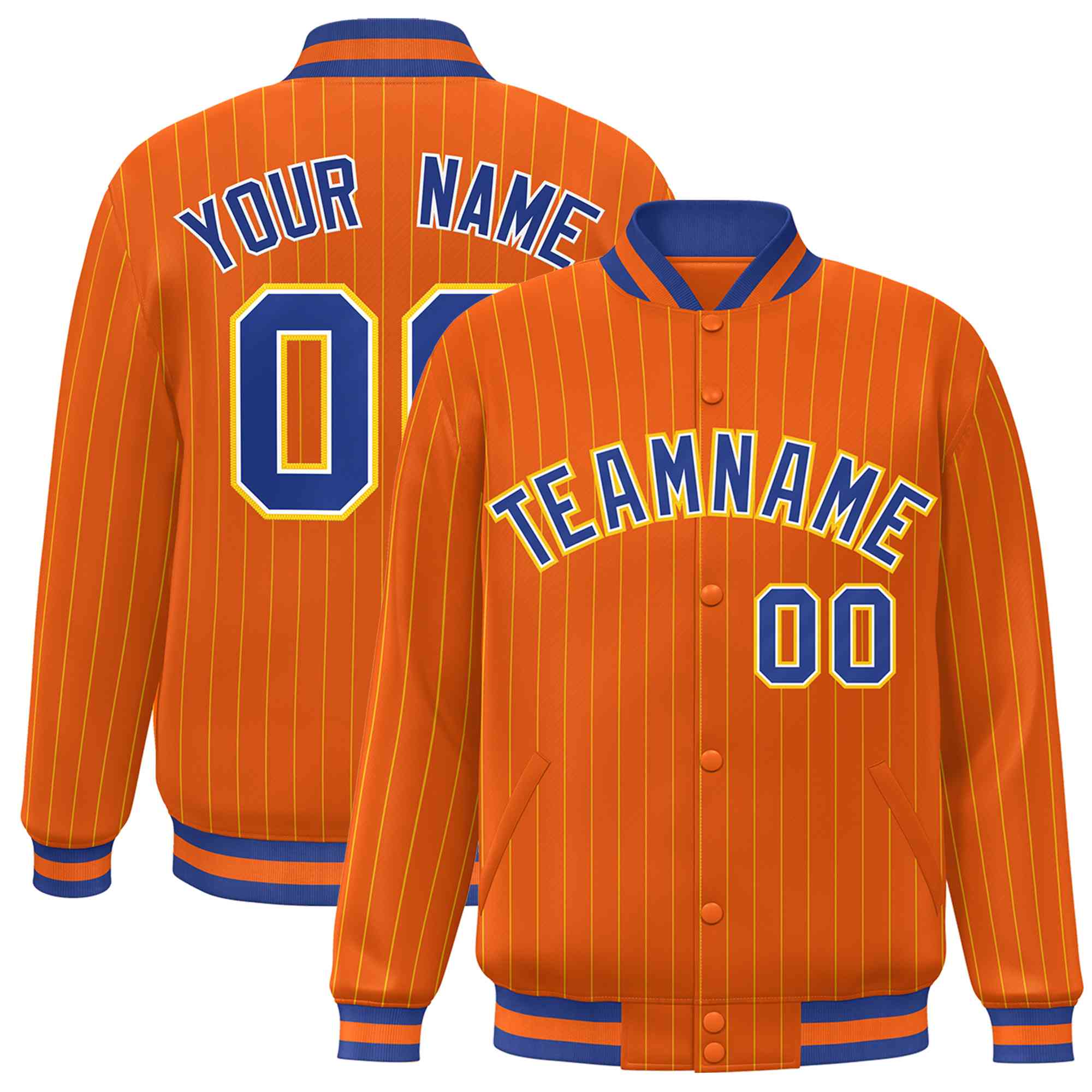 Custom Orange Royal-Gold Personnalisé Stripe Fashion Letterman Bomber Varsity Jacket