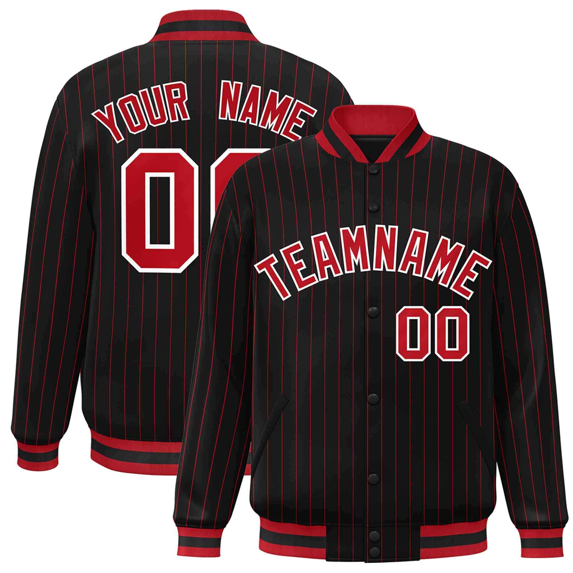 Custom Black Red-White Personalized Casual Stripe Fashion Varsity Jacket