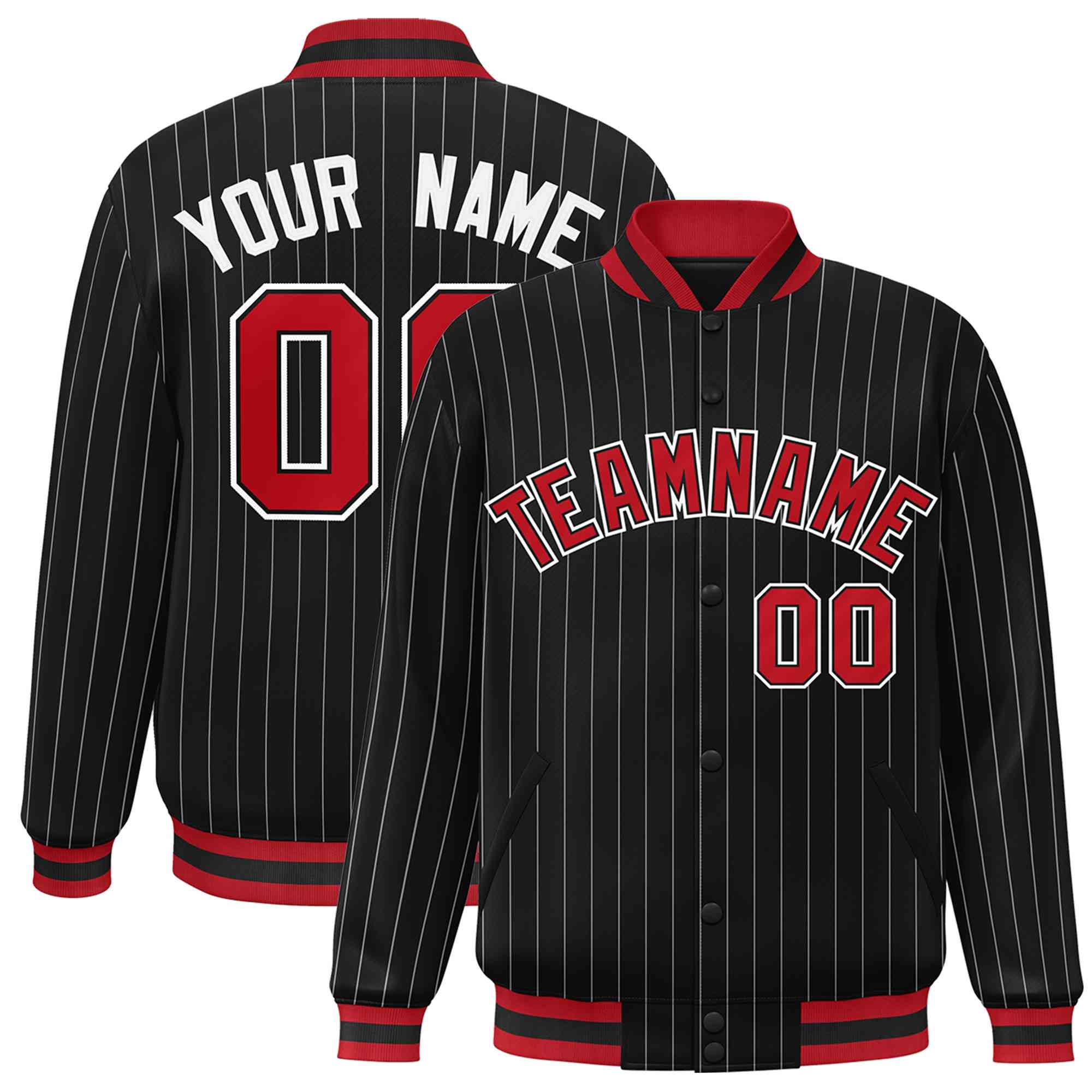 Custom Black Red-White Personalized Bomber Stripe Fashion Casual Jacket