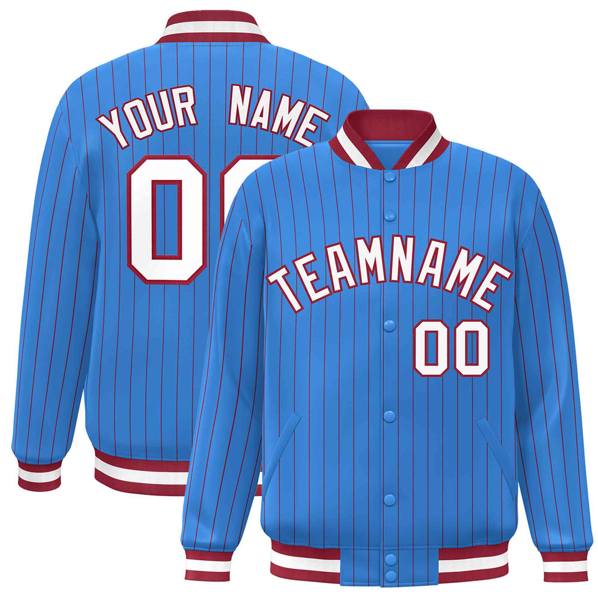 Custom Powder Blue White-Red Personalized Stripe Fashion Letterman Bomber Varsity Jacket