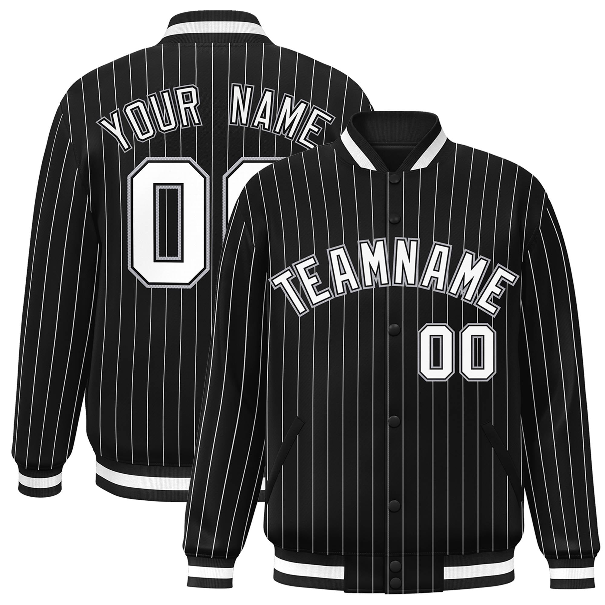 Custom Black White-Gray Personalized Varsity Stripe Fashion Casual Jacket