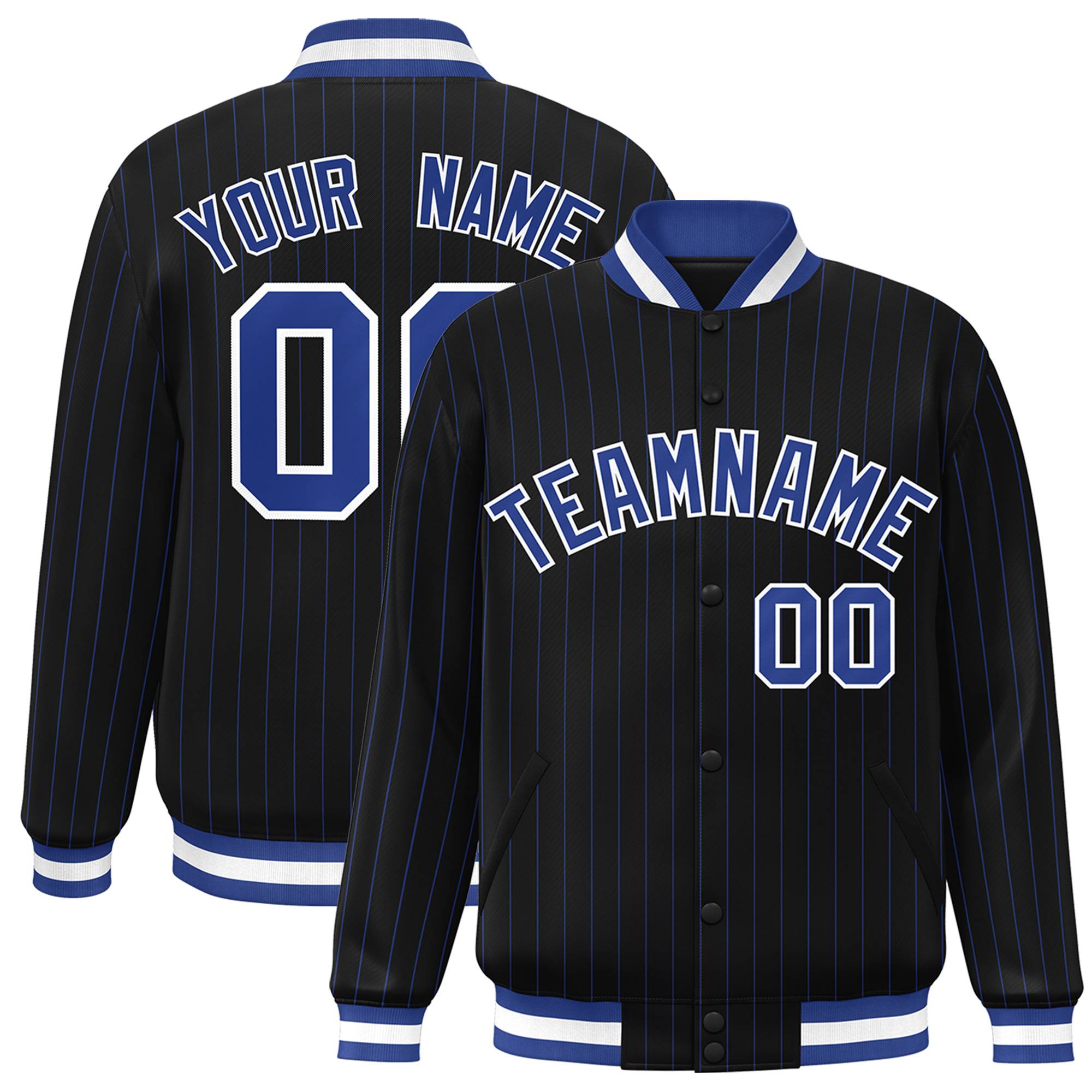 Veste de baseball personnalisée à rayures Letterman, noire, royale et blanche, à la mode