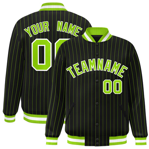Custom Black Neon Green-White Personalized Bomber Stripe Fashion Varsity Jacket
