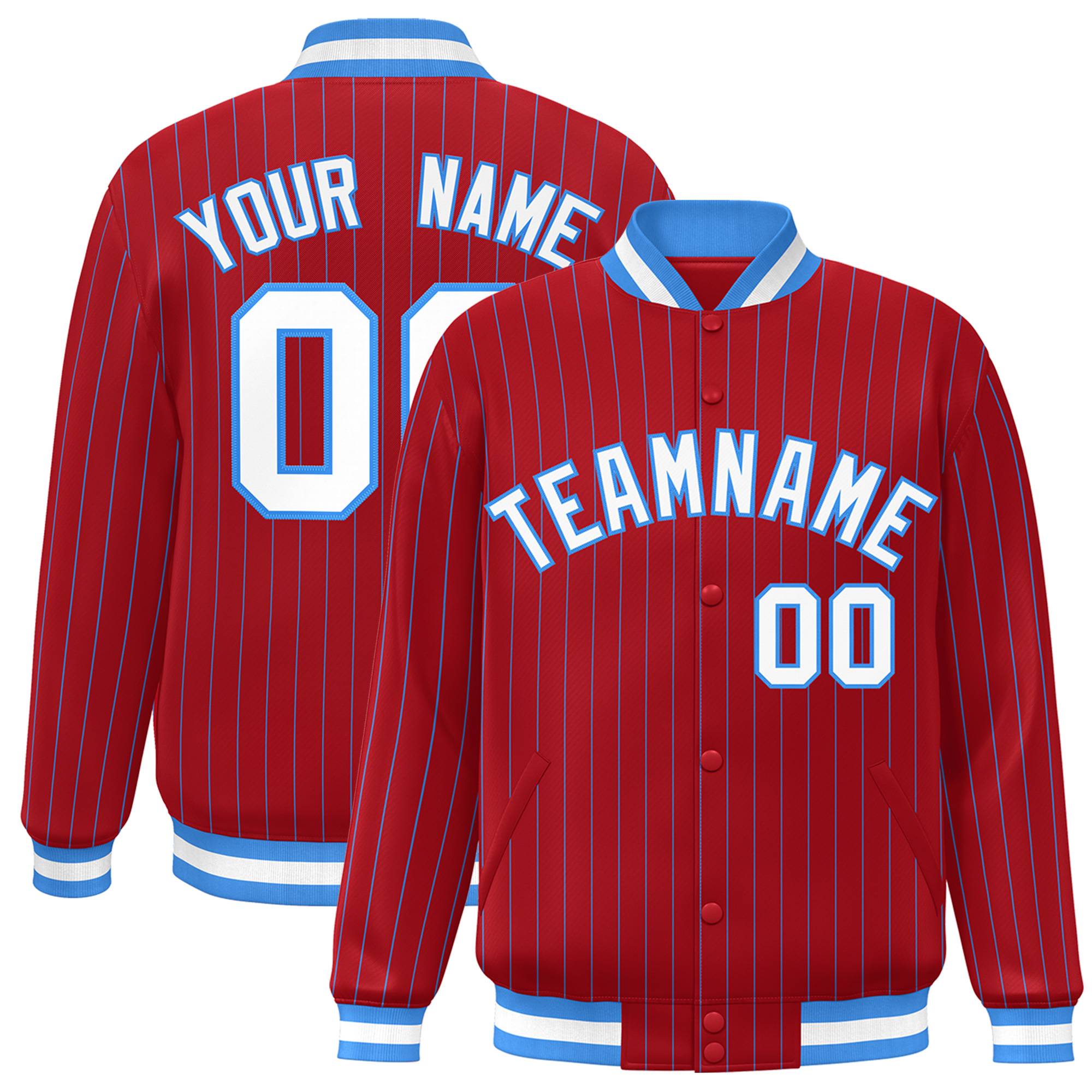 Custom Red White-Powder Blue Personalized Stripe Fashion Letterman Bomber Varsity Jacket