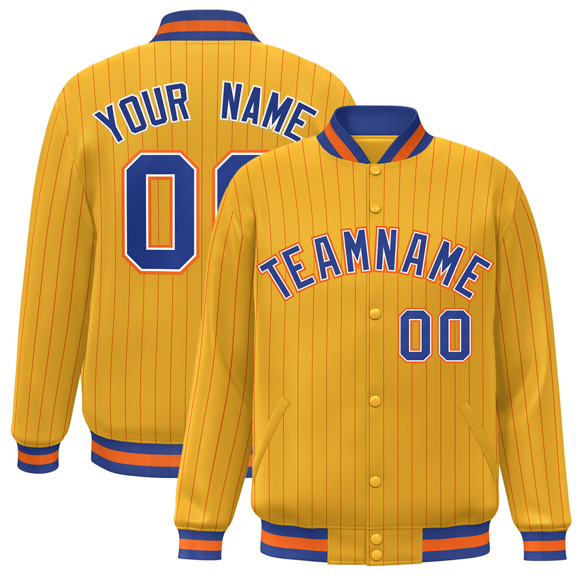 Custom Gold Royal-Orange Personalized Varsity Letterman Stripe Fashion Jacket