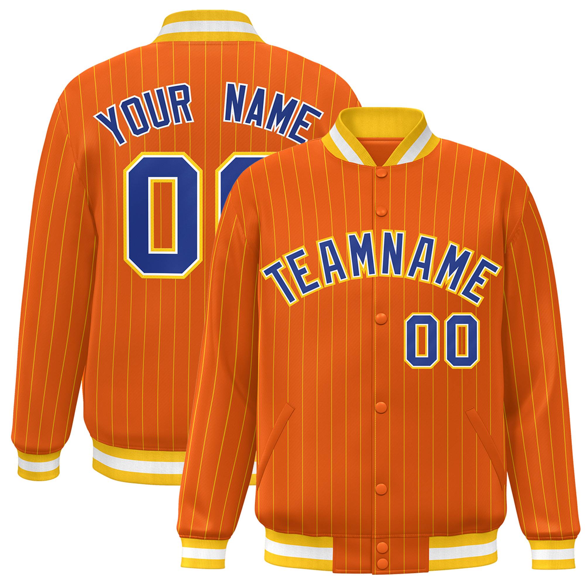 Custom Orange Royal-Gold Personalized Stripe Fashion Letterman Bomber Varsity Jacket