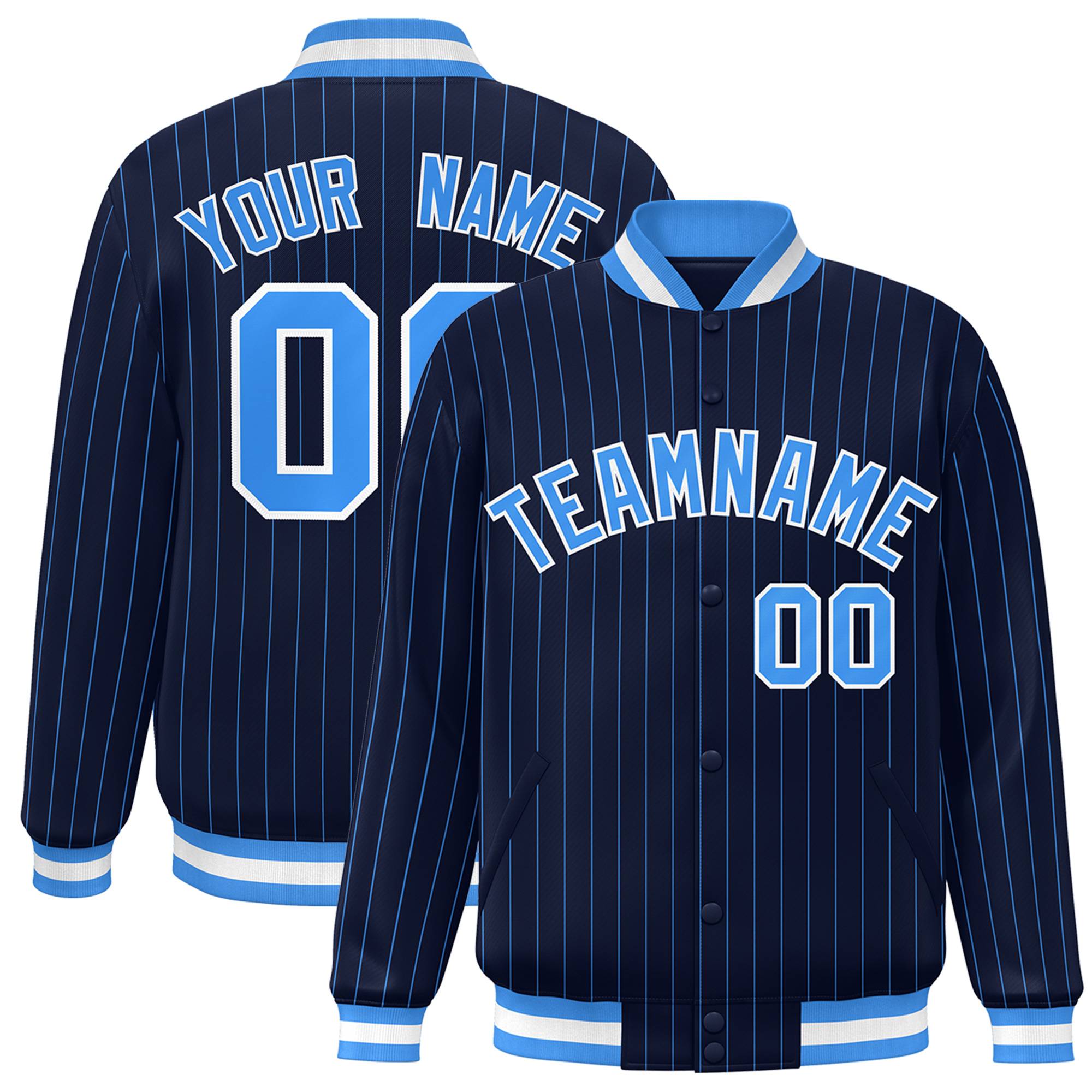 Custom Navy Powder Blue-White Personalized Stripe Fashion Letterman Bomber Varsity Jacket