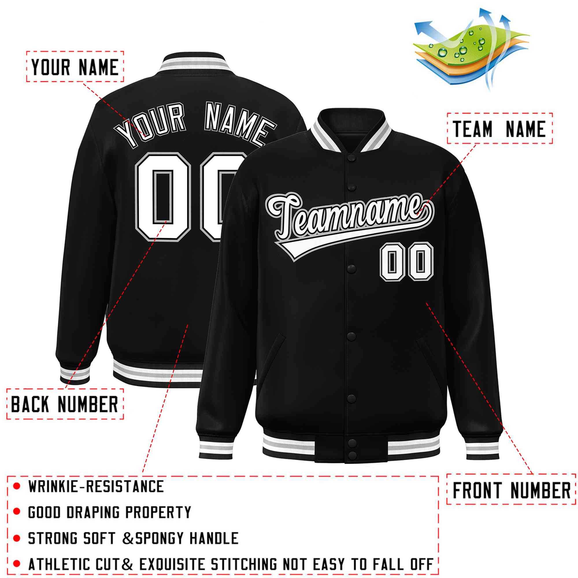 Custom Black White-Black Classic Style Varsity Full-Snap Letterman Jacket