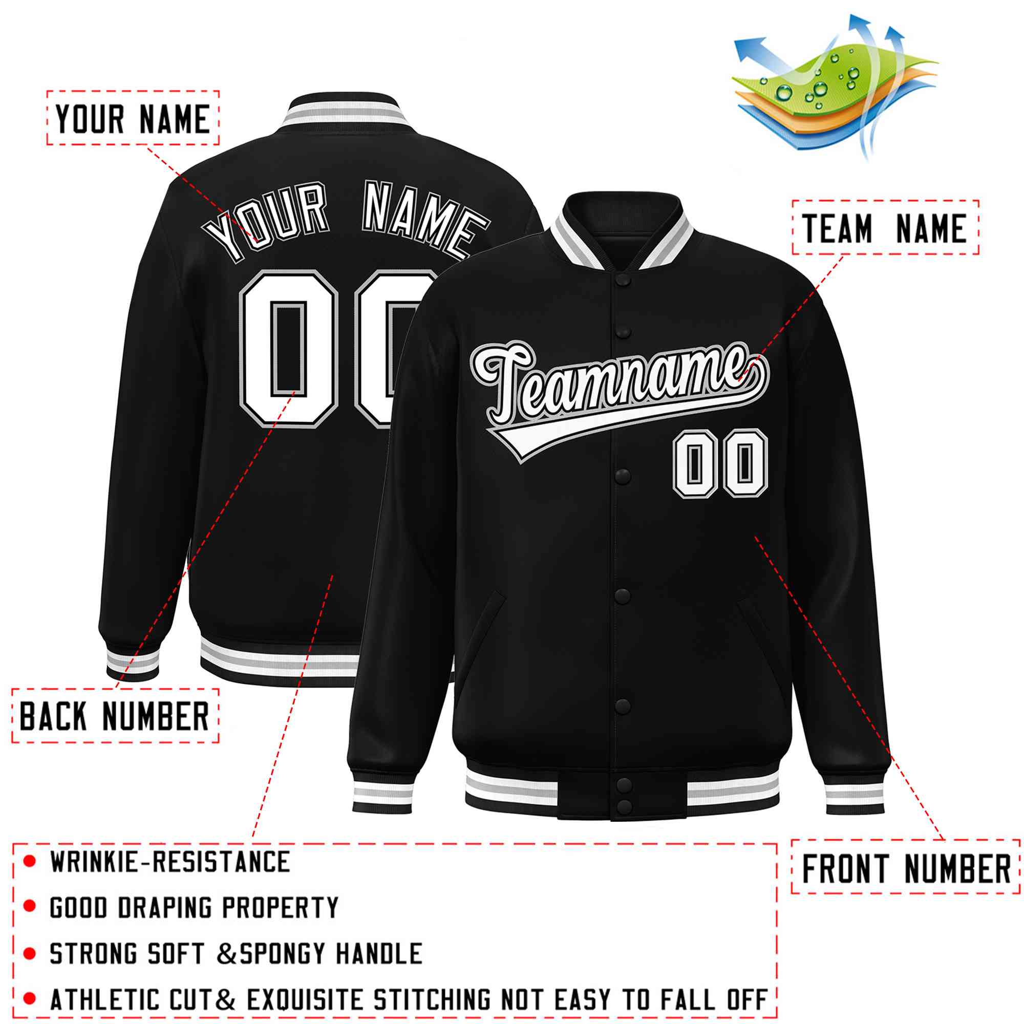 custom black varsity full snap jackets for teams
