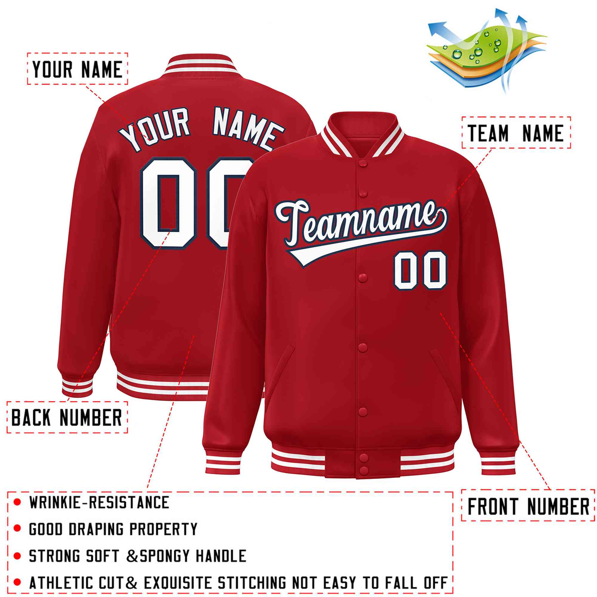 Custom Red White-Navy Classic Style Varsity Full-Snap Letterman Jacket