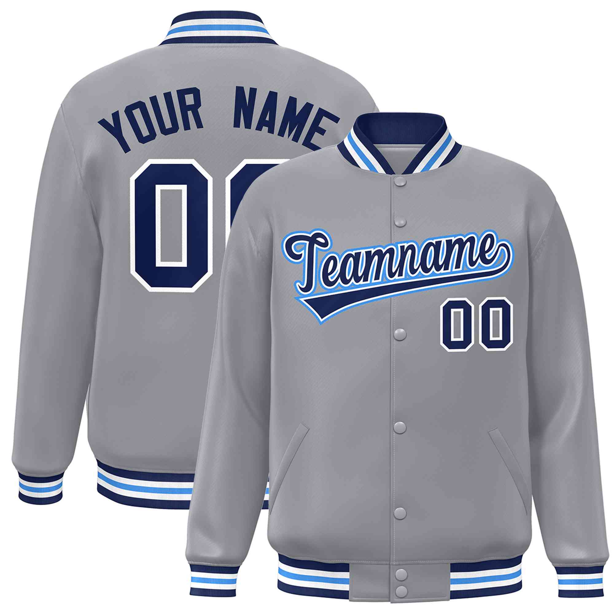 Custom Gray Navy-White Classic Style Varsity Full-Snap Letterman Jacket