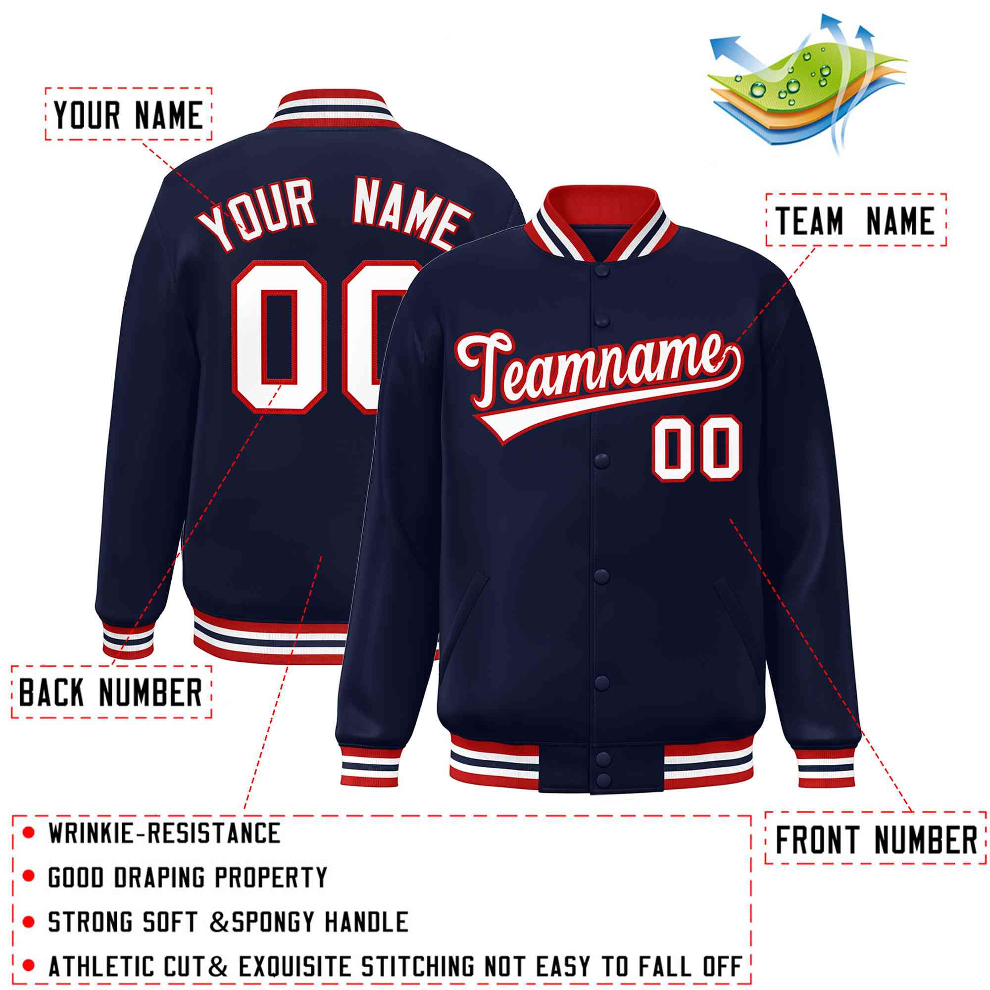 Custom Navy White-Red Classic Style Varsity Full-Snap Letterman Jacket