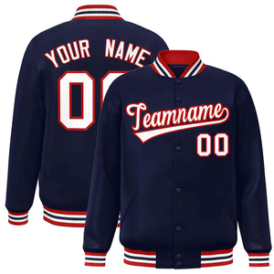 Veste Letterman personnalisée de style classique bleu marine blanc-rouge