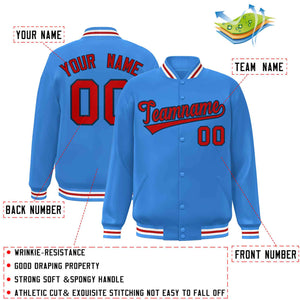 Custom Powder Blue Red-Navy Classic Style Varsity Full-Snap Letterman Jacket