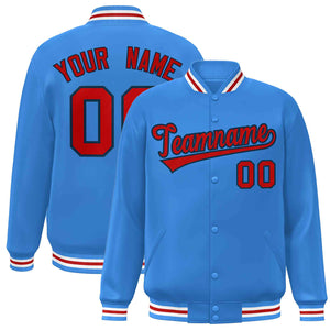 Custom Powder Blue Red-Navy Classic Style Varsity Full-Snap Letterman Jacket