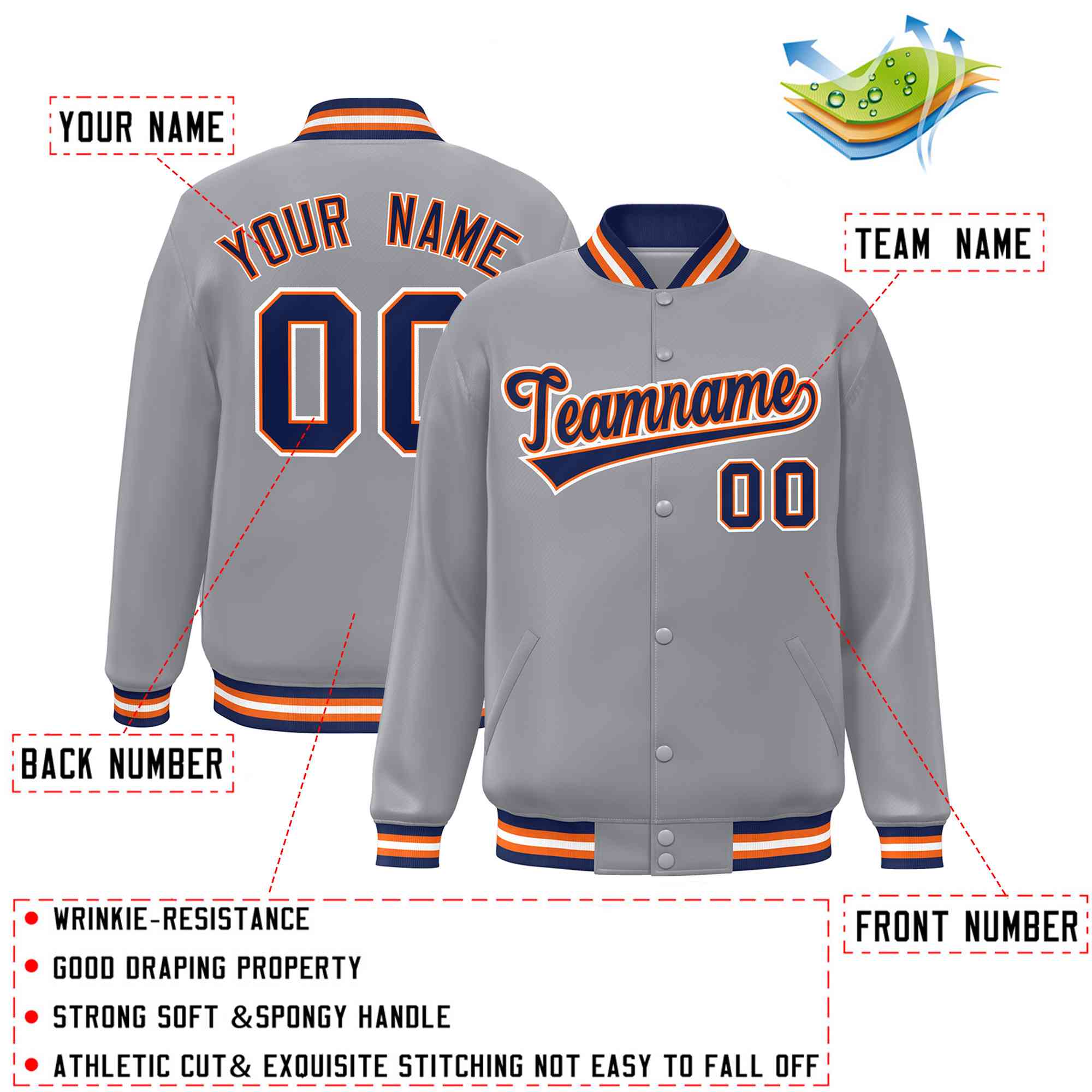 Custom Gray Navy-Orange Classic Style Varsity Full-Snap Letterman Jacket