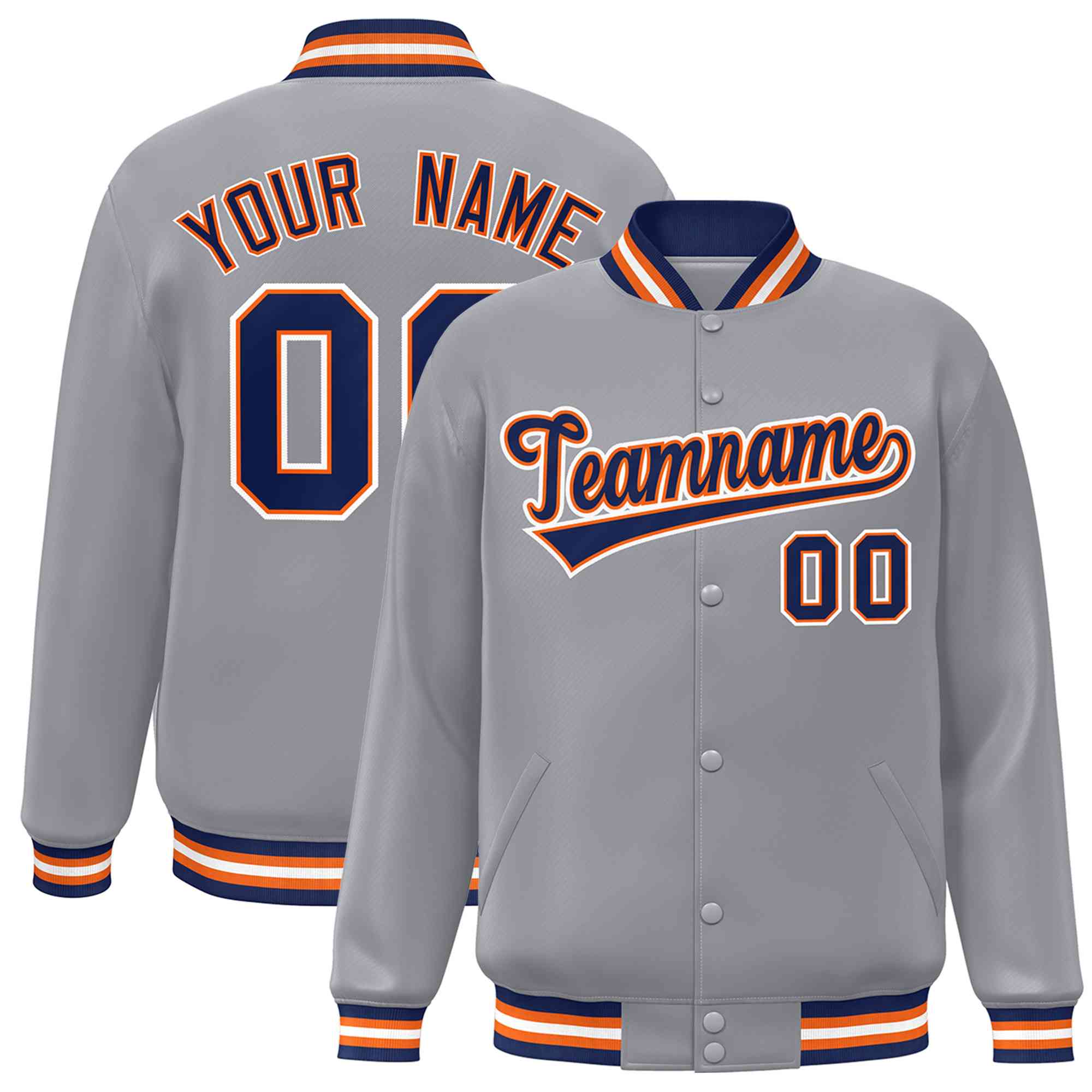 Custom Gray Navy-Orange Classic Style Varsity Full-Snap Letterman Jacket