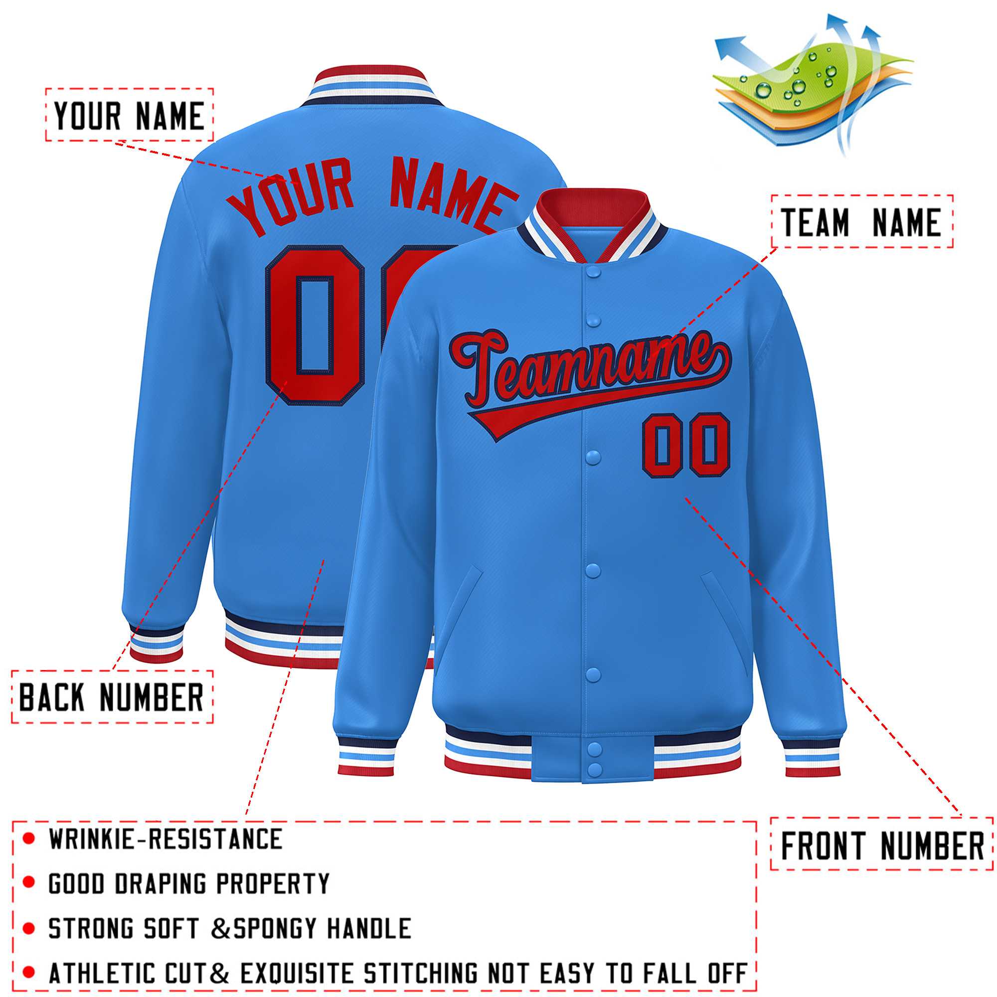 Custom Powder Blue Red-Navy Classic Style Varsity Full-Snap Letterman Jacket