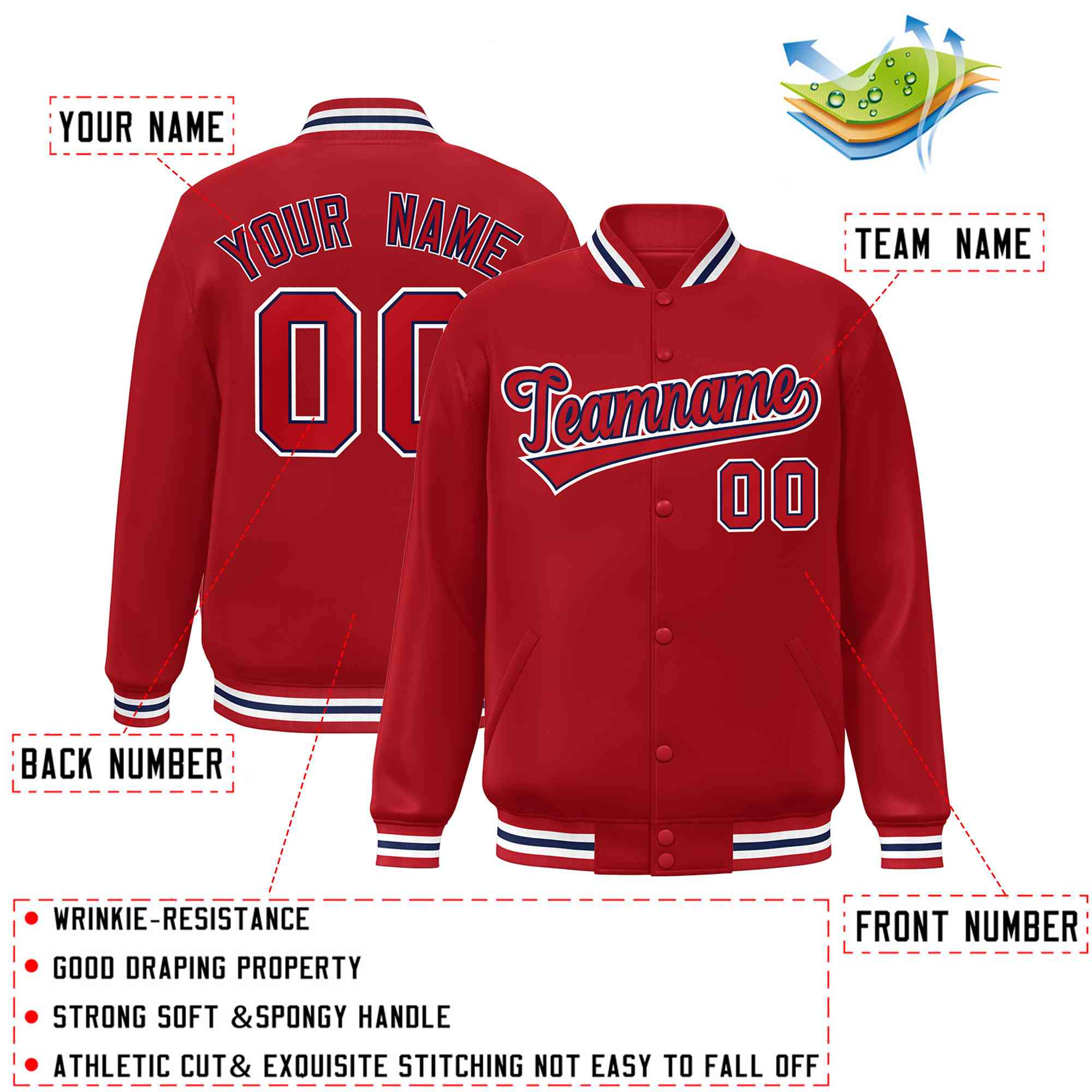 Custom Red Red-Navy Classic Style Varsity Full-Snap Letterman Jacket