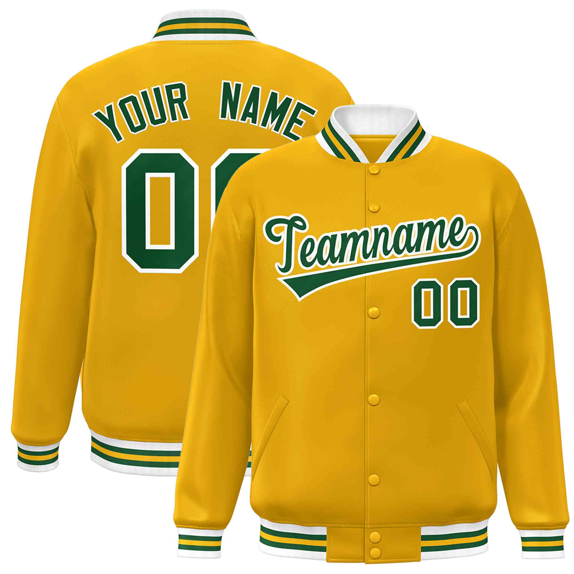 Custom Gold Green-White Classic Style Varsity Full-Snap Letterman Jacket