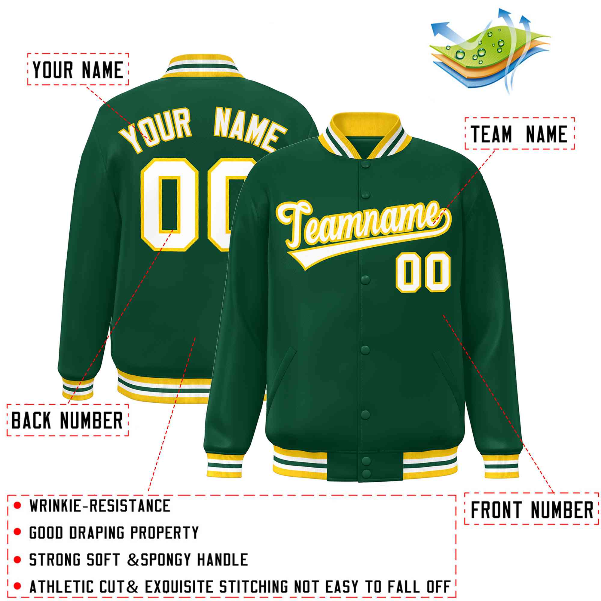 personalized green varsity full snap jacket
