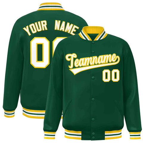 custom green and yellow varsity full snap baseball jacket
