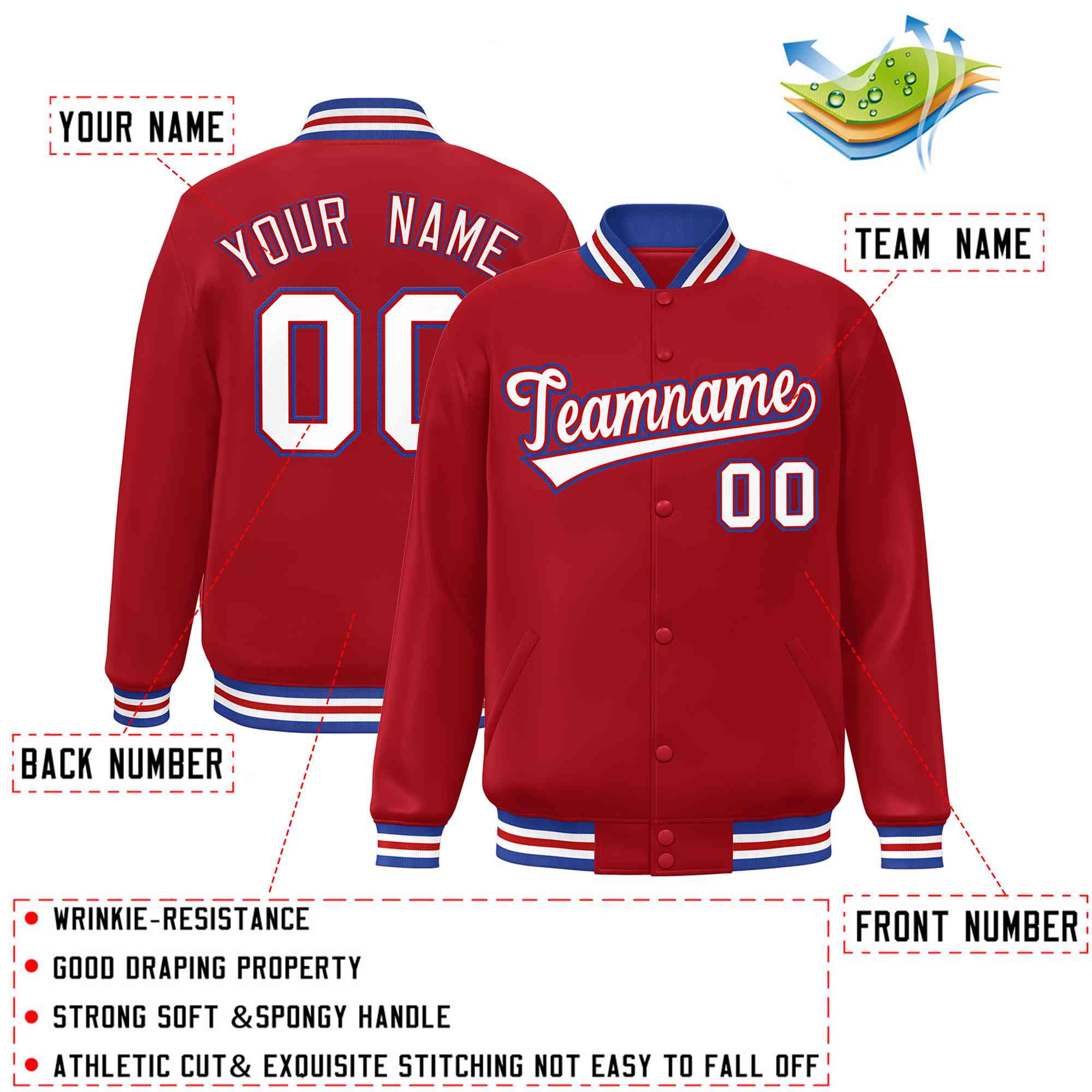 Custom Red White-Red Classic Style Varsity Full-Snap Letterman Jacket