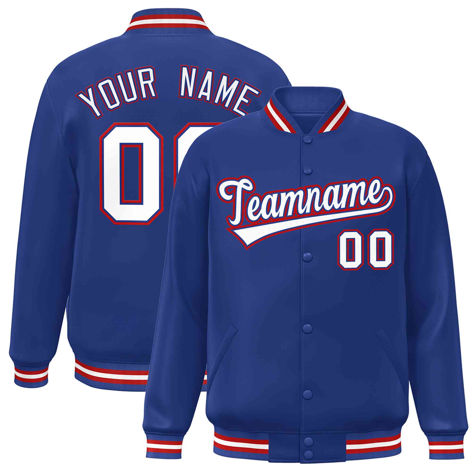 Veste Letterman personnalisée Royal White-Royal Classic Style Varsity Full-Snap