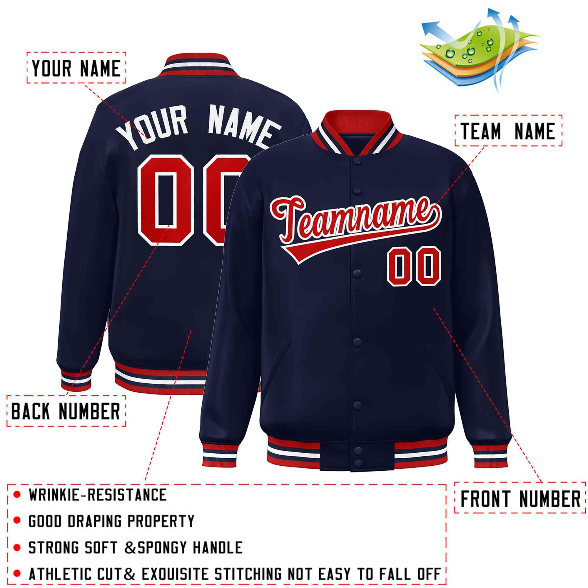 Custom Navy Red-White Classic Style Varsity Full-Snap Letterman Jacket