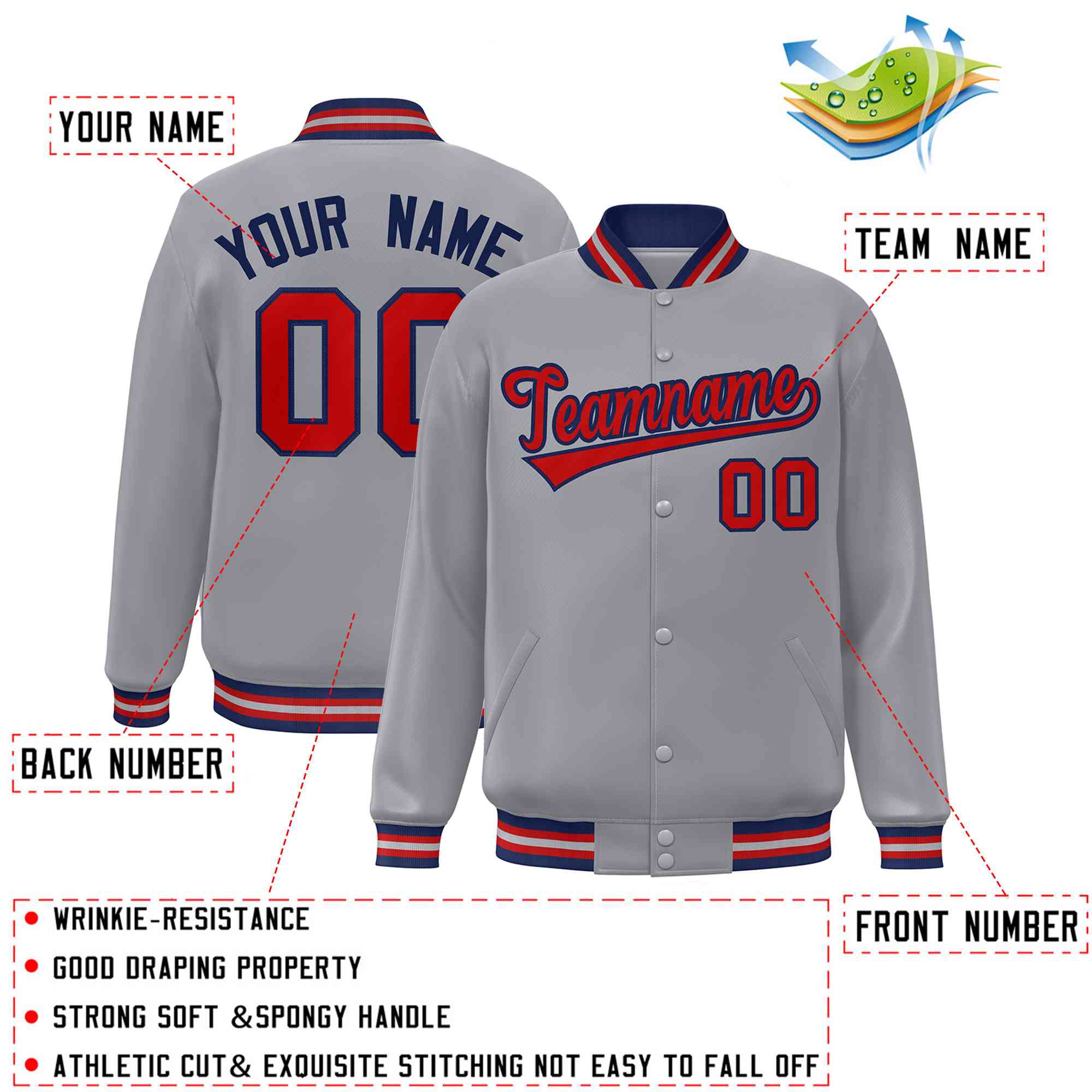 Custom Gray Red-Navy Classic Style Varsity Full-Snap Letterman Jacket