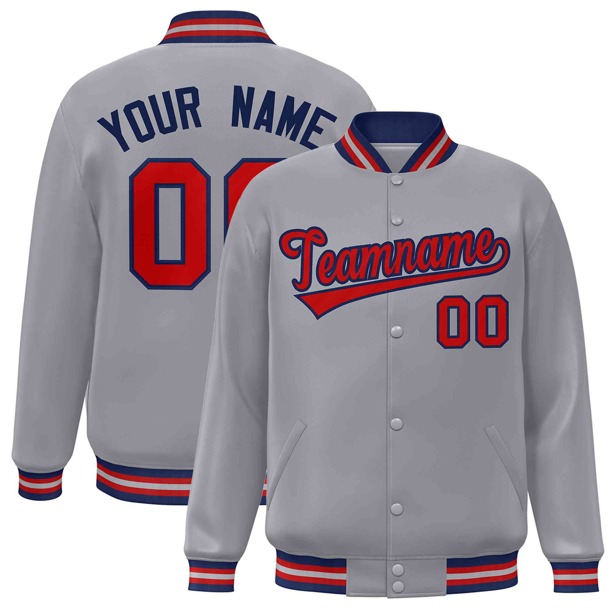 Custom Gray Red-Navy Classic Style Varsity Full-Snap Letterman Jacket