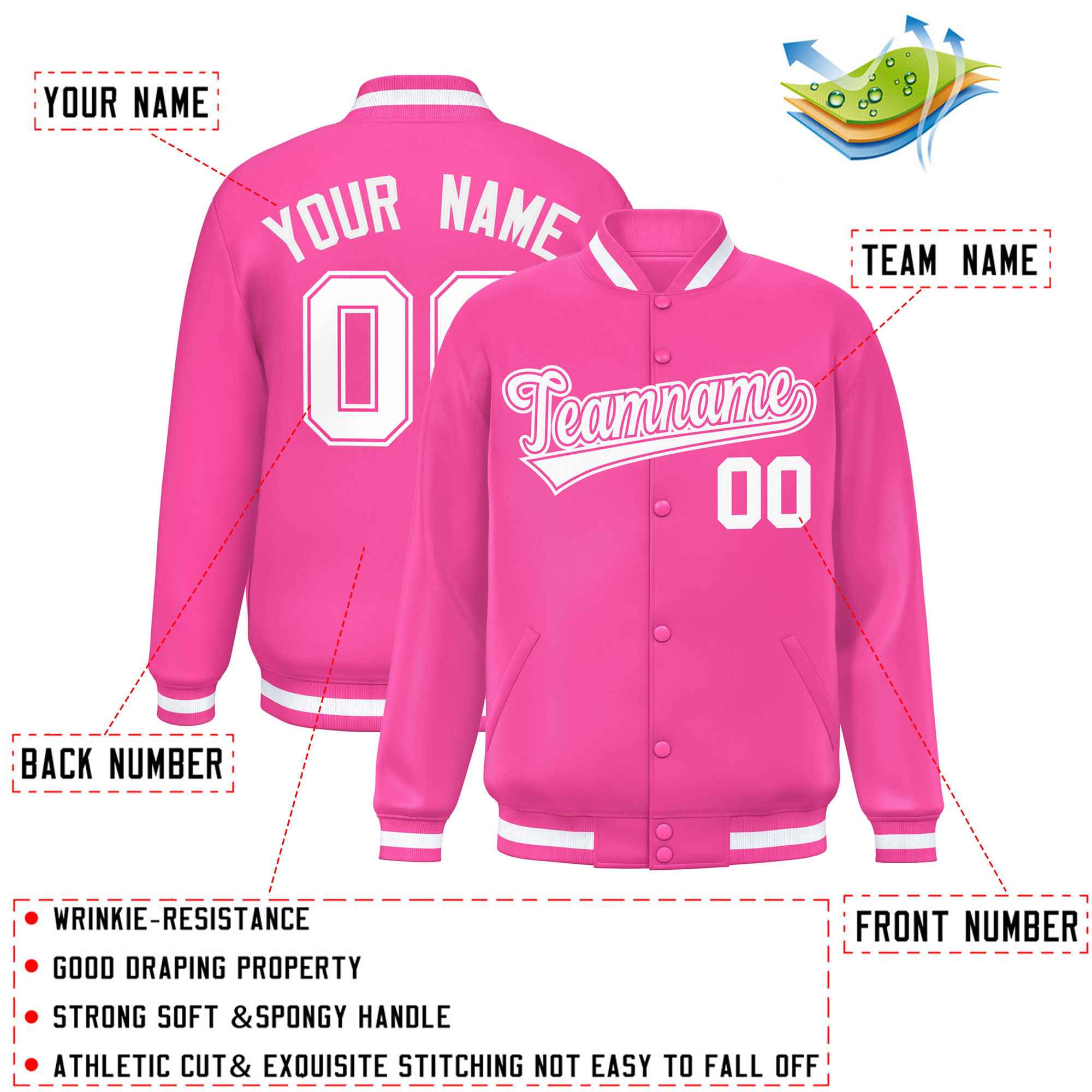 Custom Pink White Varsity Full-Snap Classic Style Letterman Baseball Jacket